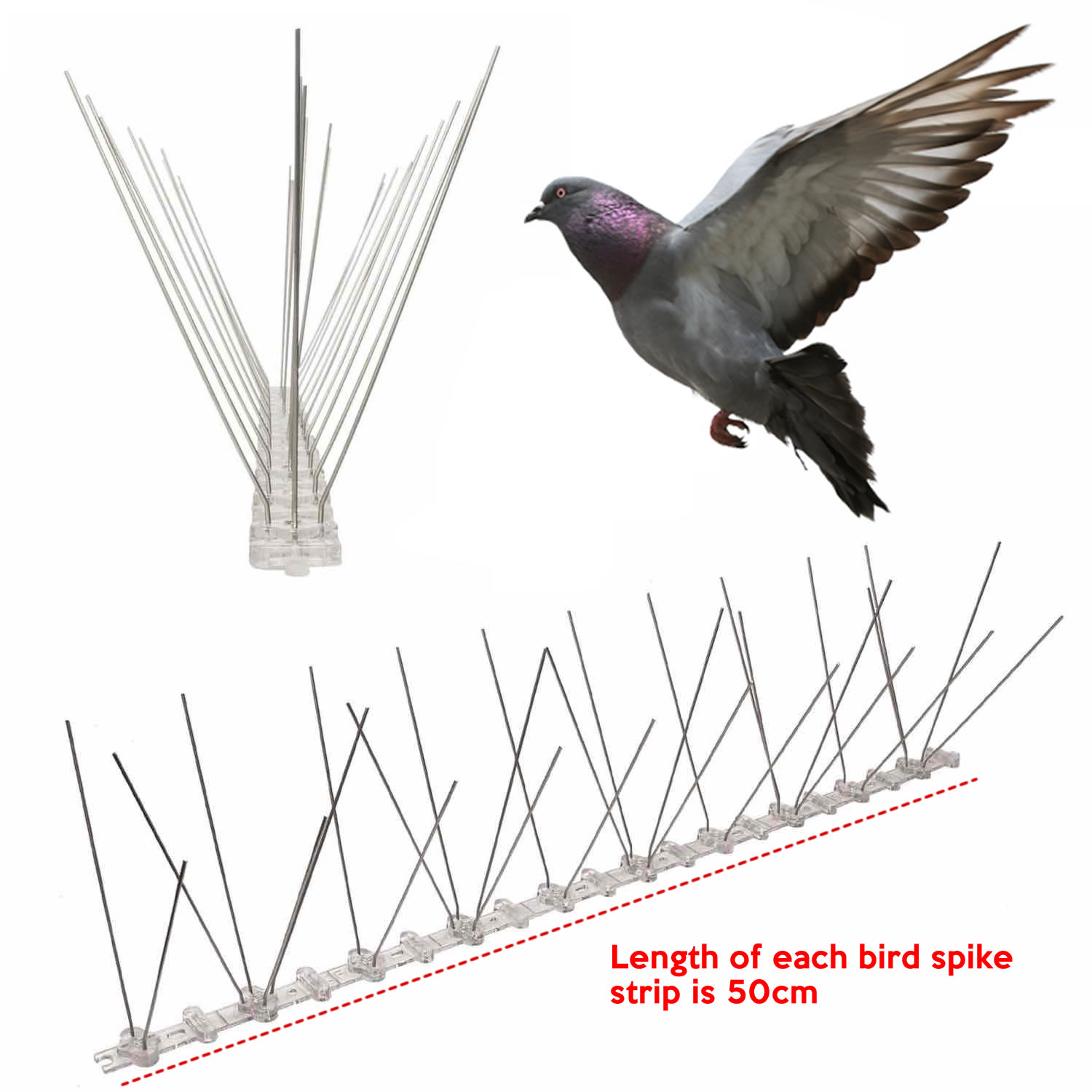 Bird Spikes Strips with Stainless Steel Deterrent Spikes & 360 Degrees Acrylic Flexible Base